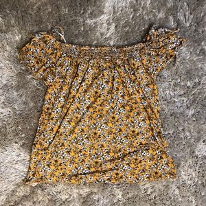 yellow flowered off the shoulder top.